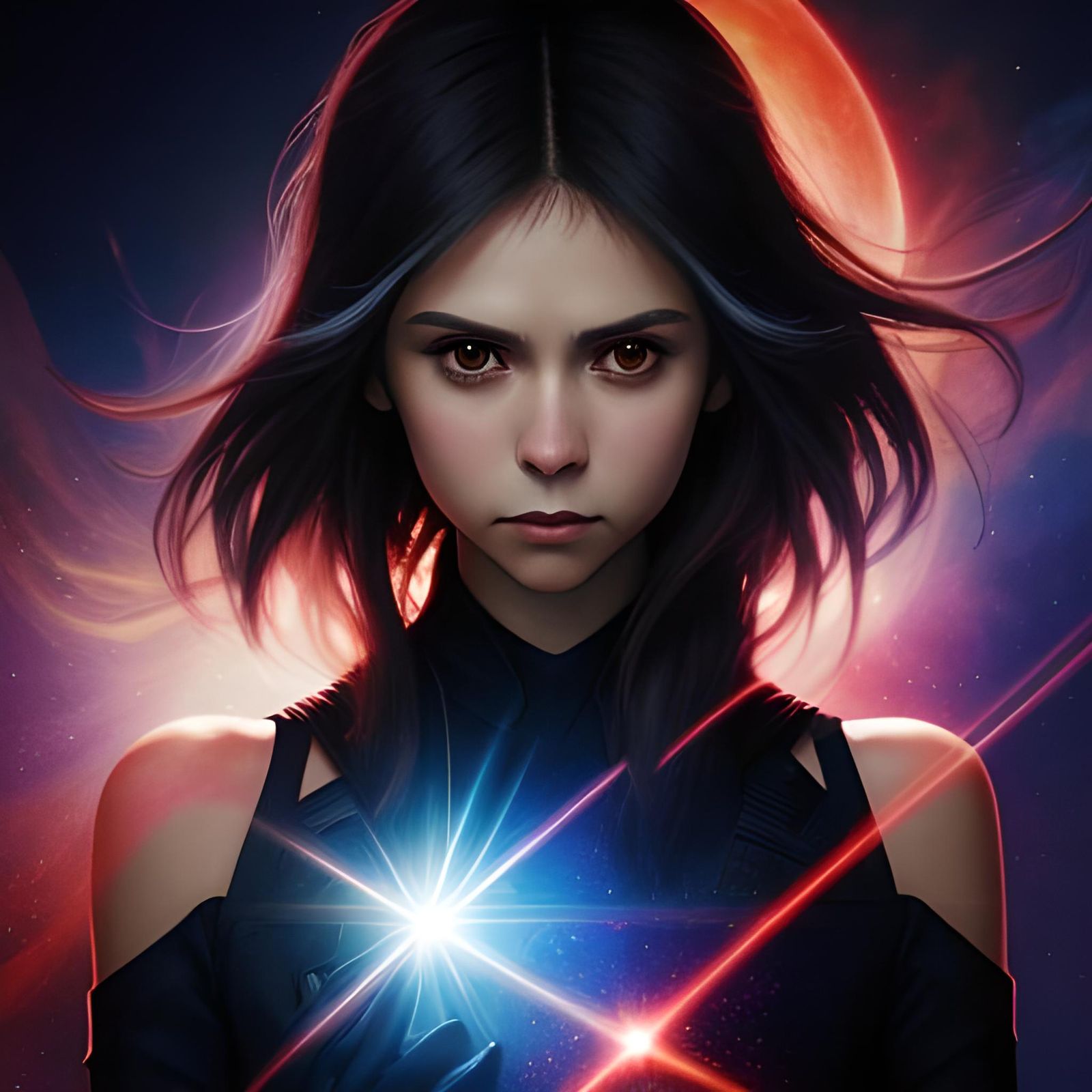 Woman in Red Dress with Nebula Background