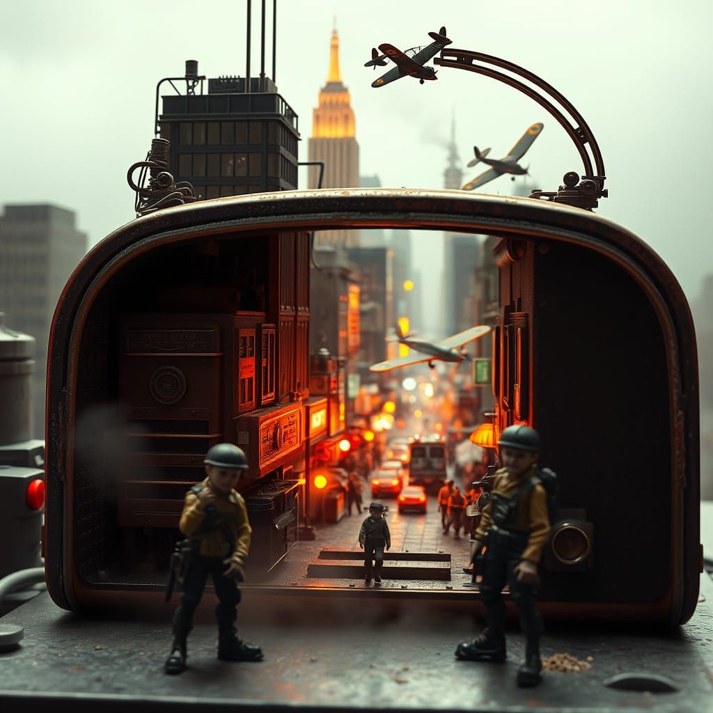 Dieselpunk City Inside a Radio: Cinematic Film Still