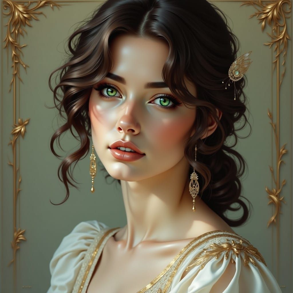 Renaissance-Inspired Portrait of Woman with Emerald Eyes