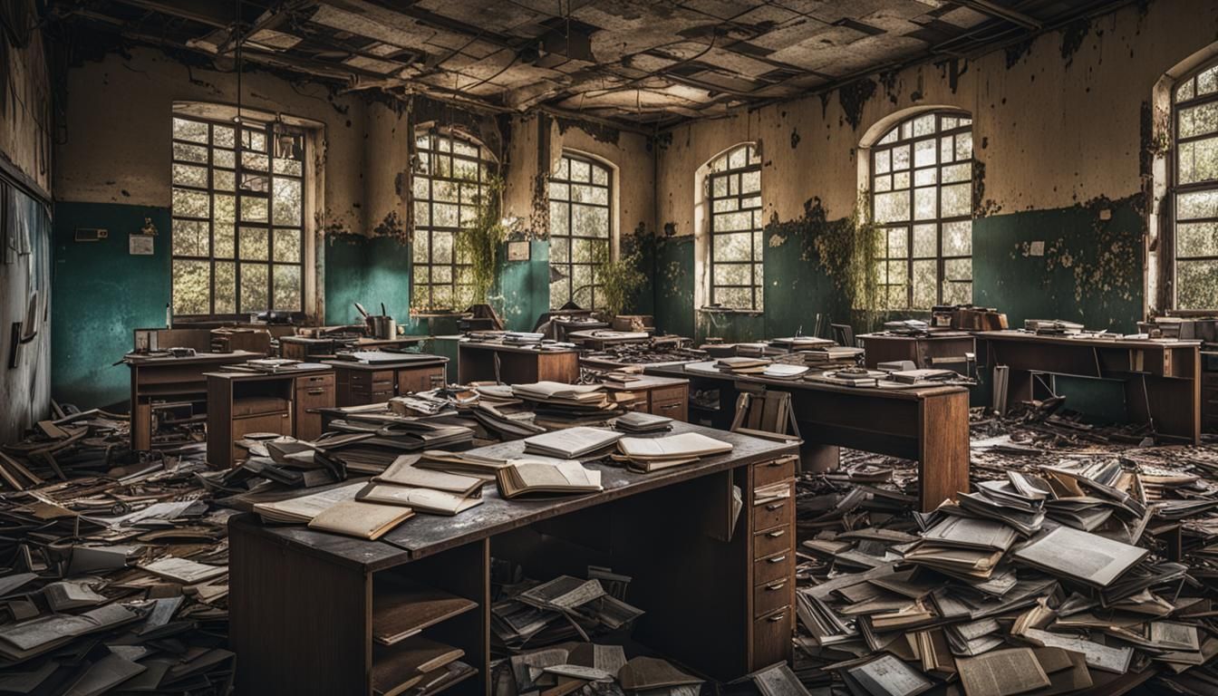 Post-Apocalyptic School Interior in Hyperrealistic Style