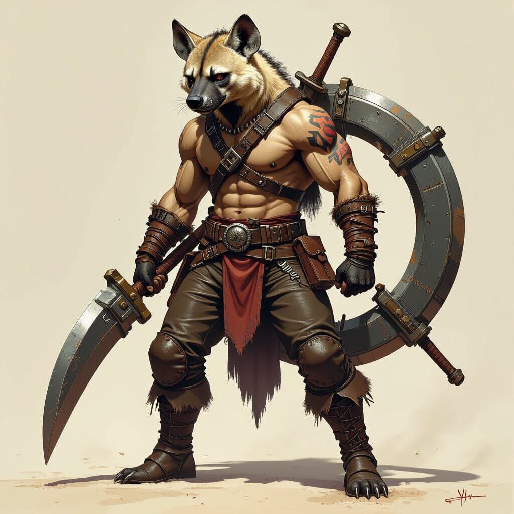 Hyena Warrior with Blades in Fantasy Art Style