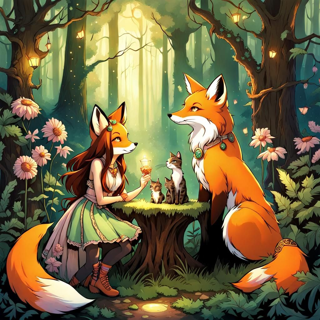Fairy Girl Meeting Fox and Cat in Forest