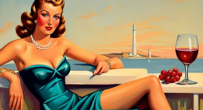 Vintage Pin-Up Girl with Wine by Ballantyne