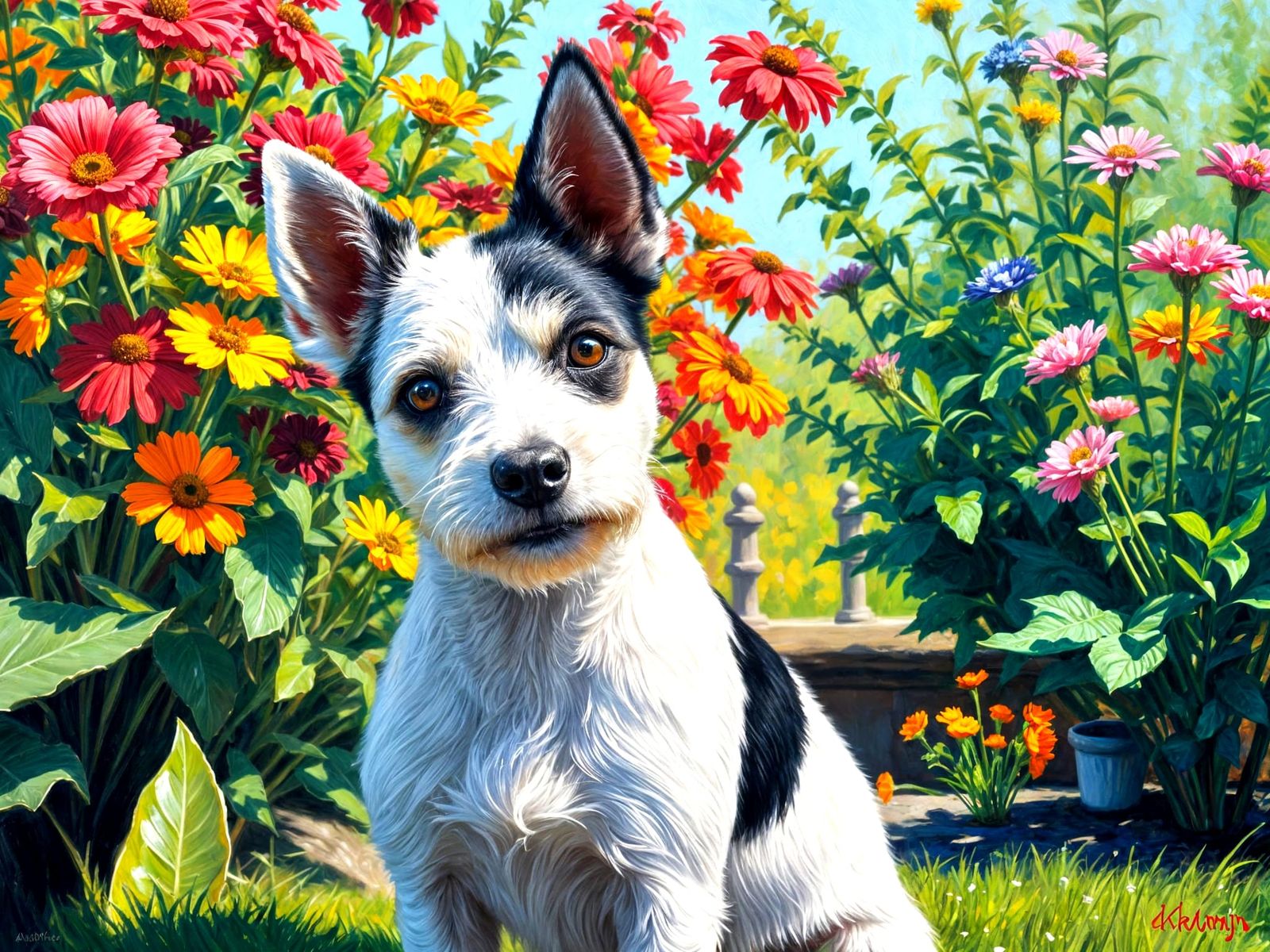 Mini Fox Terrier in Sunny Garden as Impasto Oil