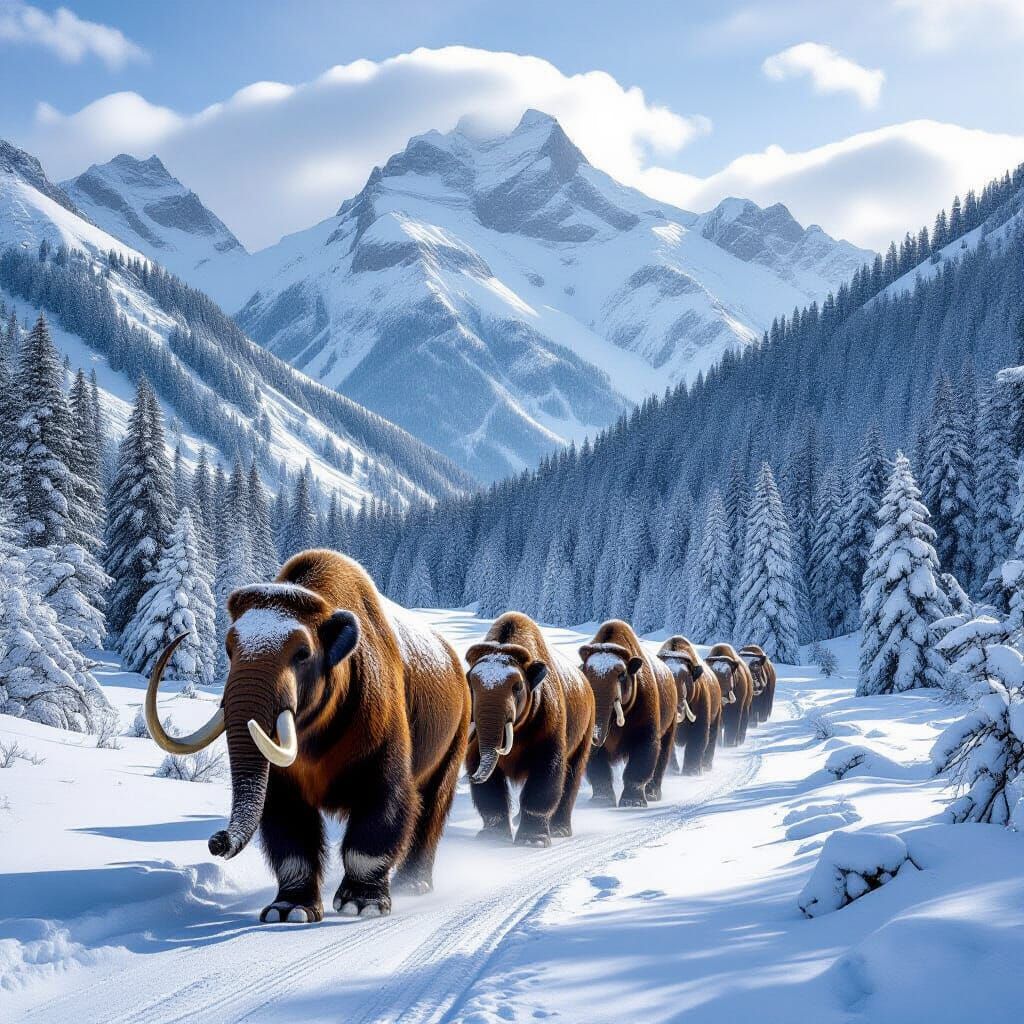 Mammoth Herd Journeying Through Snowy Mountain Valley