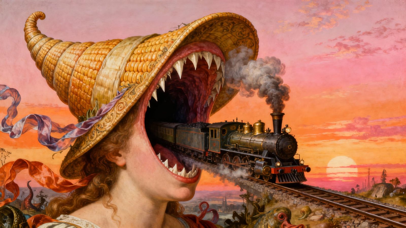 Surreal Steam Train Emerging From Cornucopia Hat