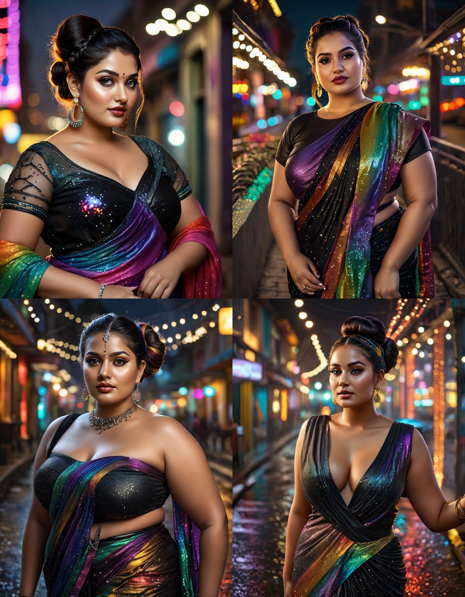 Curvy Woman in Rainbow Saree, Night Street Portrait