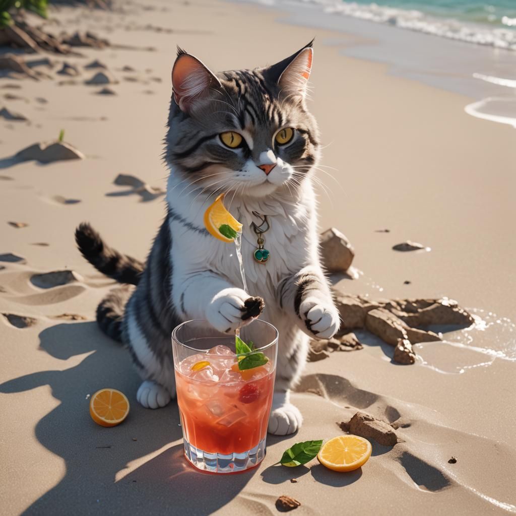 Cat Sipping Mocktail on Beach: 3D Anime Art