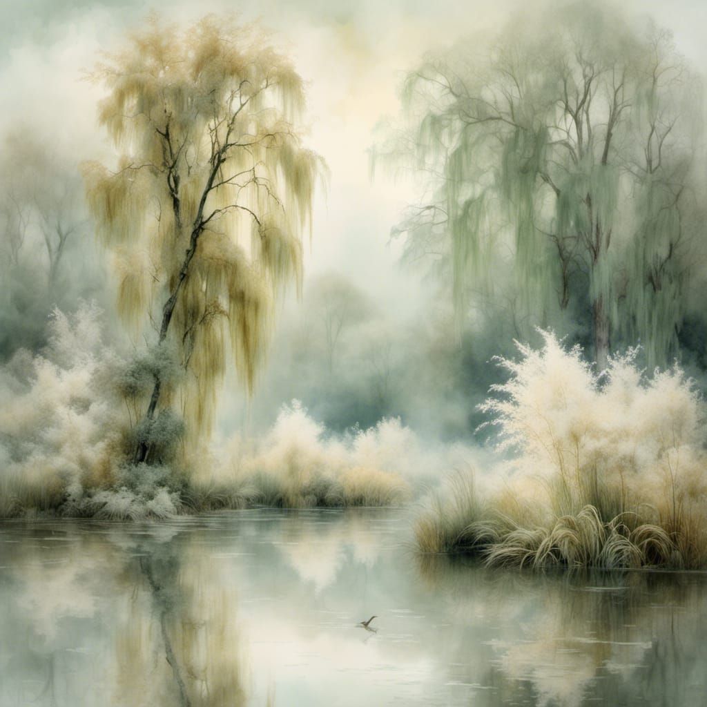 Eerie Misty Swamp with Weeping Willow Trees