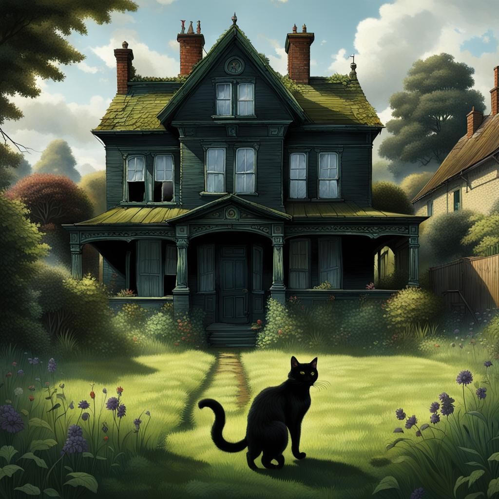 Abandoned House with Shadow Demons and Black Cat
