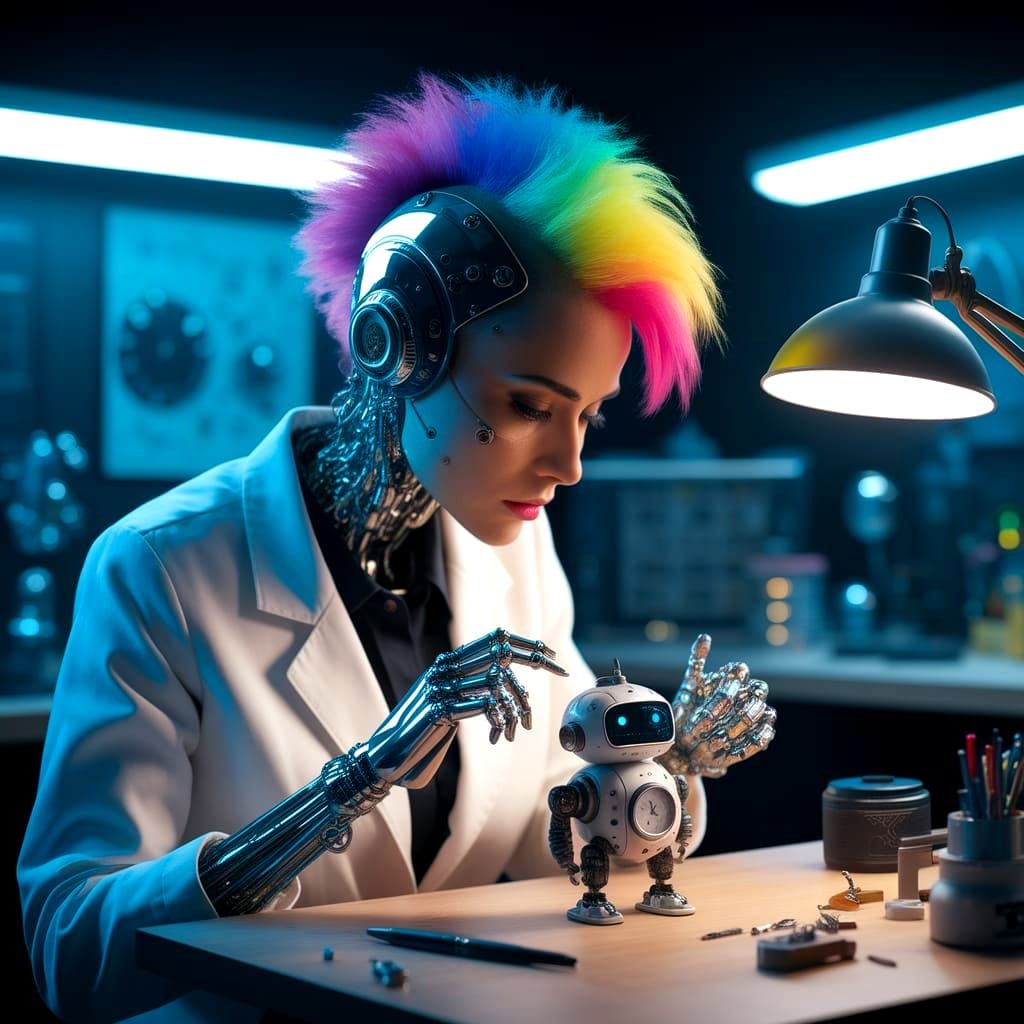 Cyberpunk Clockmaker Cyborg in a Rainbow Mohawk