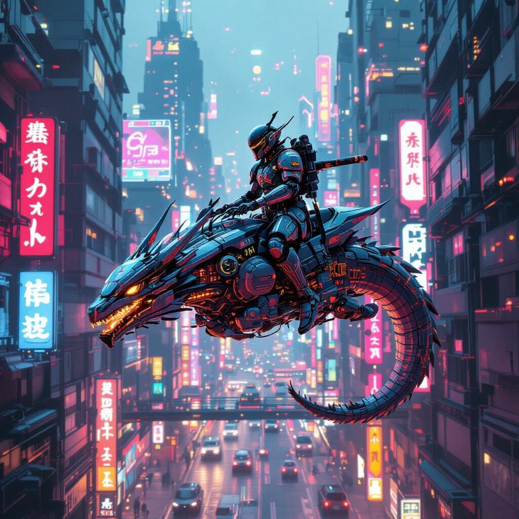 Cyberpunk Dragon Rider Soaring Over Neon City