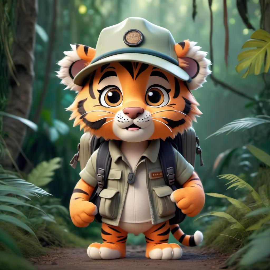 Disney Pixar style 3D adorable fluffy tiger dressed as a jun...