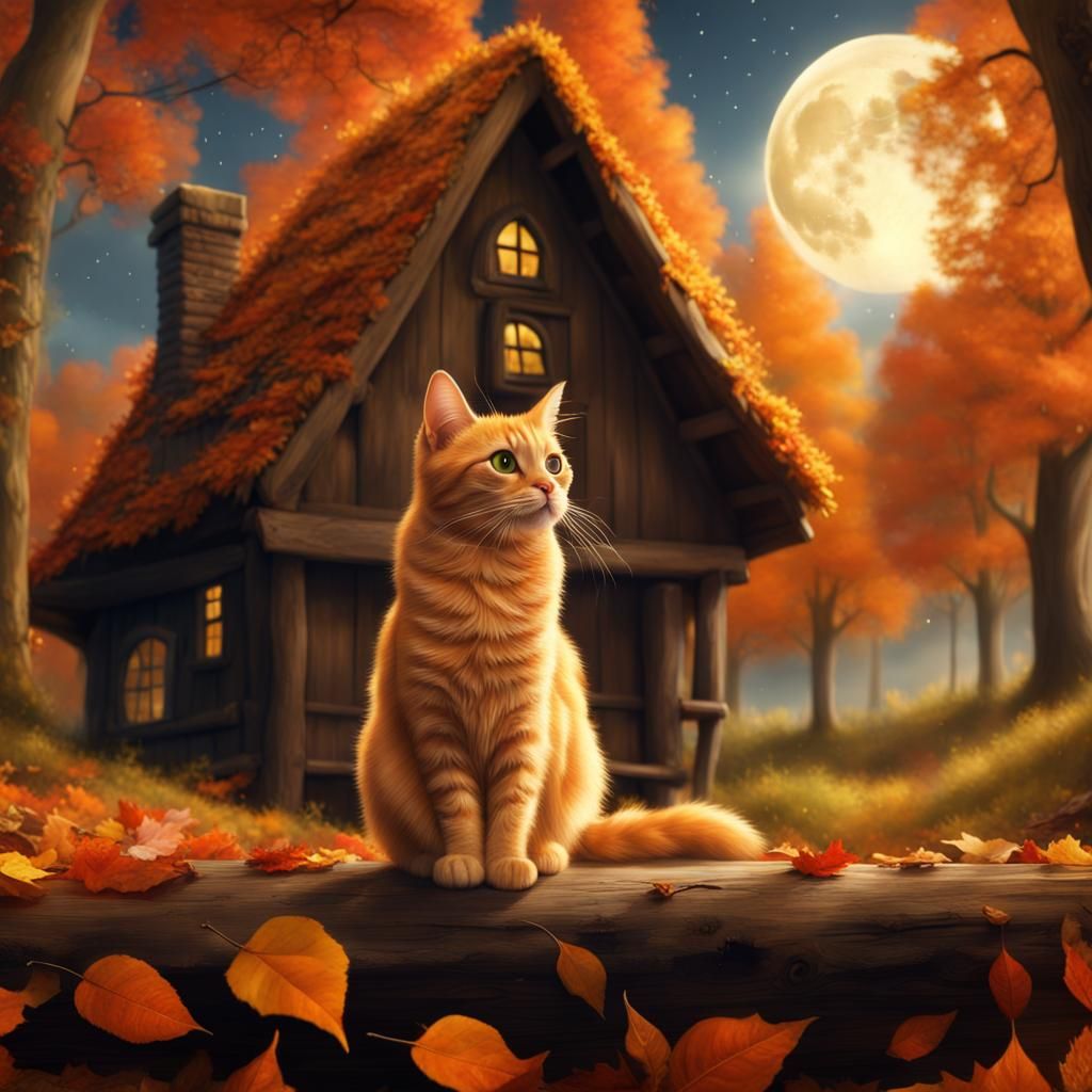 Tabby Cat in Autumn Forest Fantasy Scene