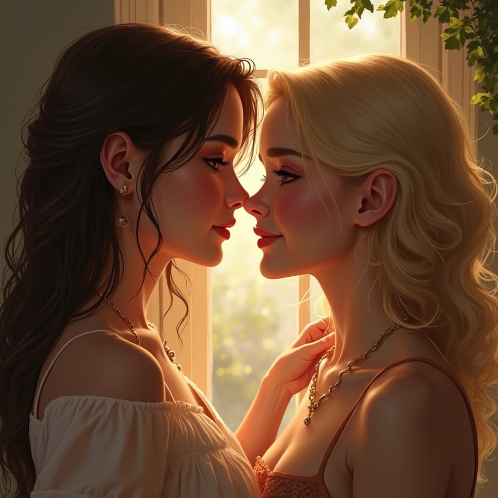 Romantic Moment Between Two Women in Soft Impressionist Ligh...