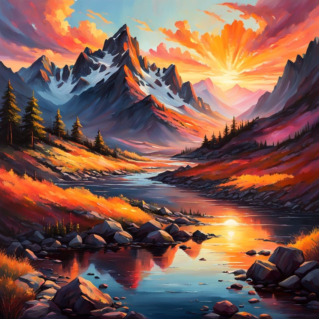 Vibrant Oil Painting of a Serene Mountain Sunset