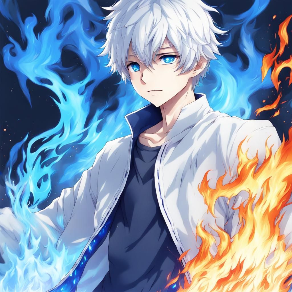 Anime Boy Engulfed in Blue and Red Fire
