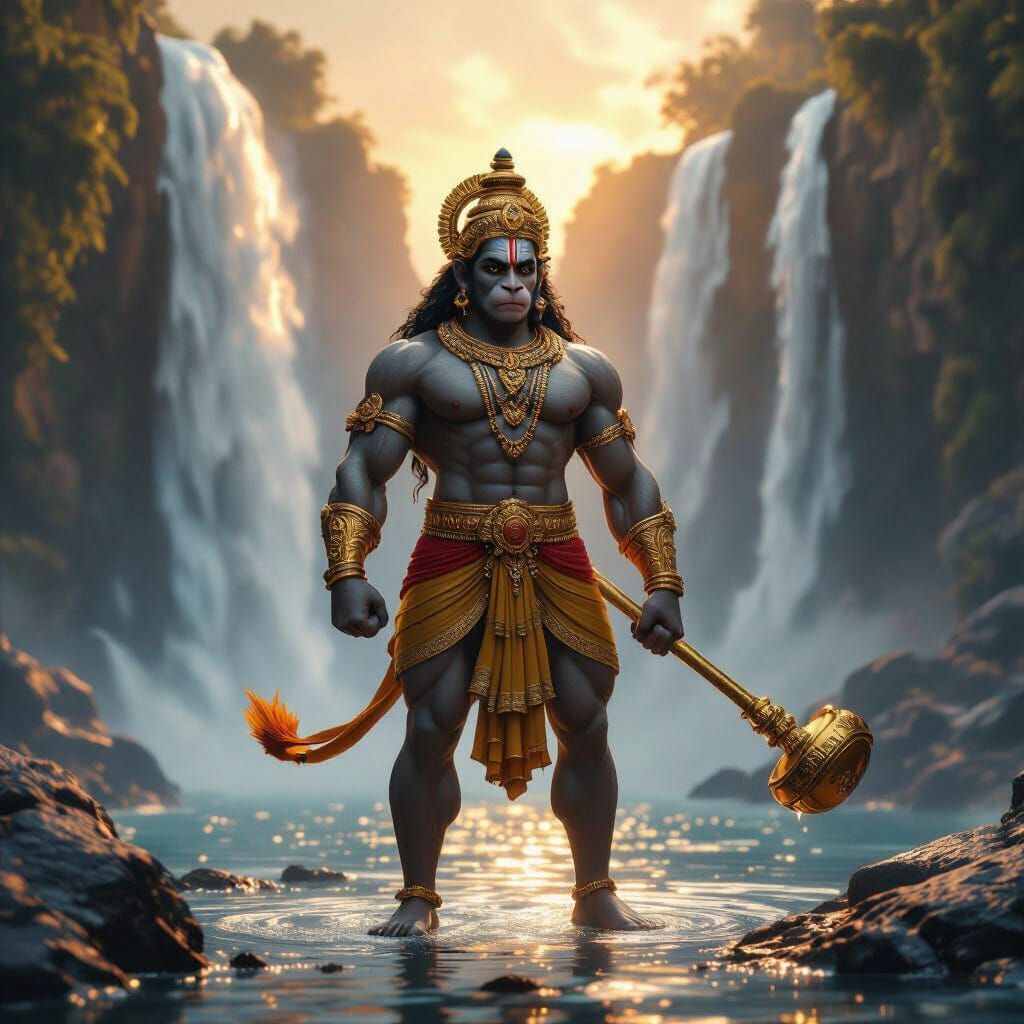Lord Hanuman With Golden Mace At Waterfall