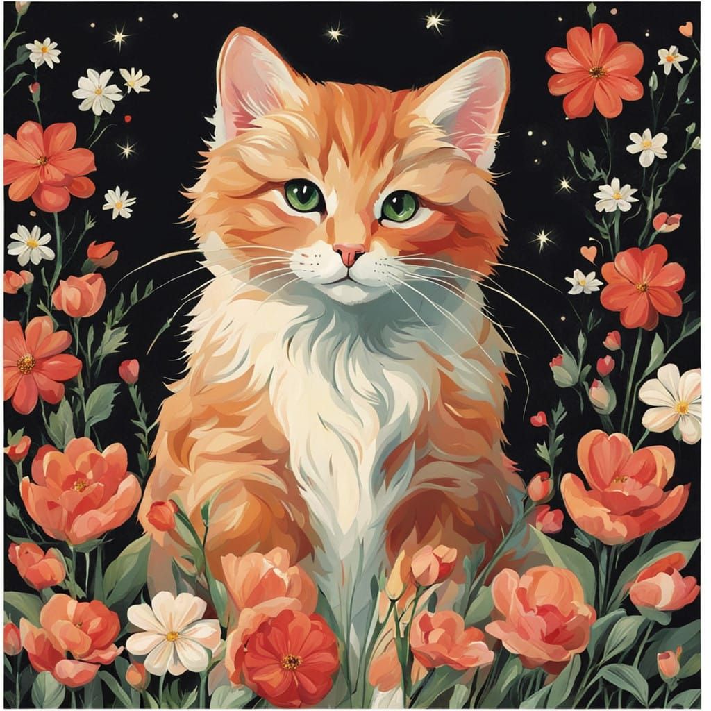 Cute Cat in a Floral Haven, in a Whimsical Style