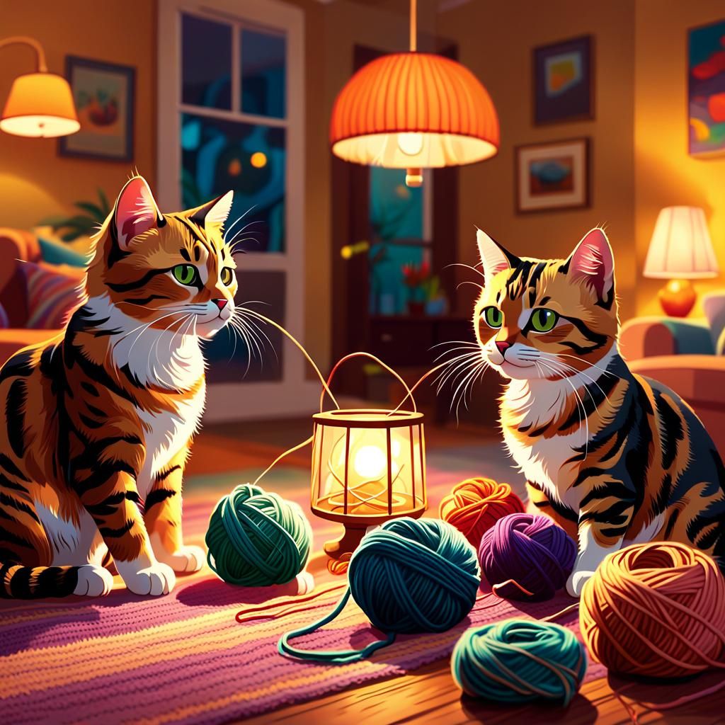 Cats Play with Yarn: Whimsical Digital Art