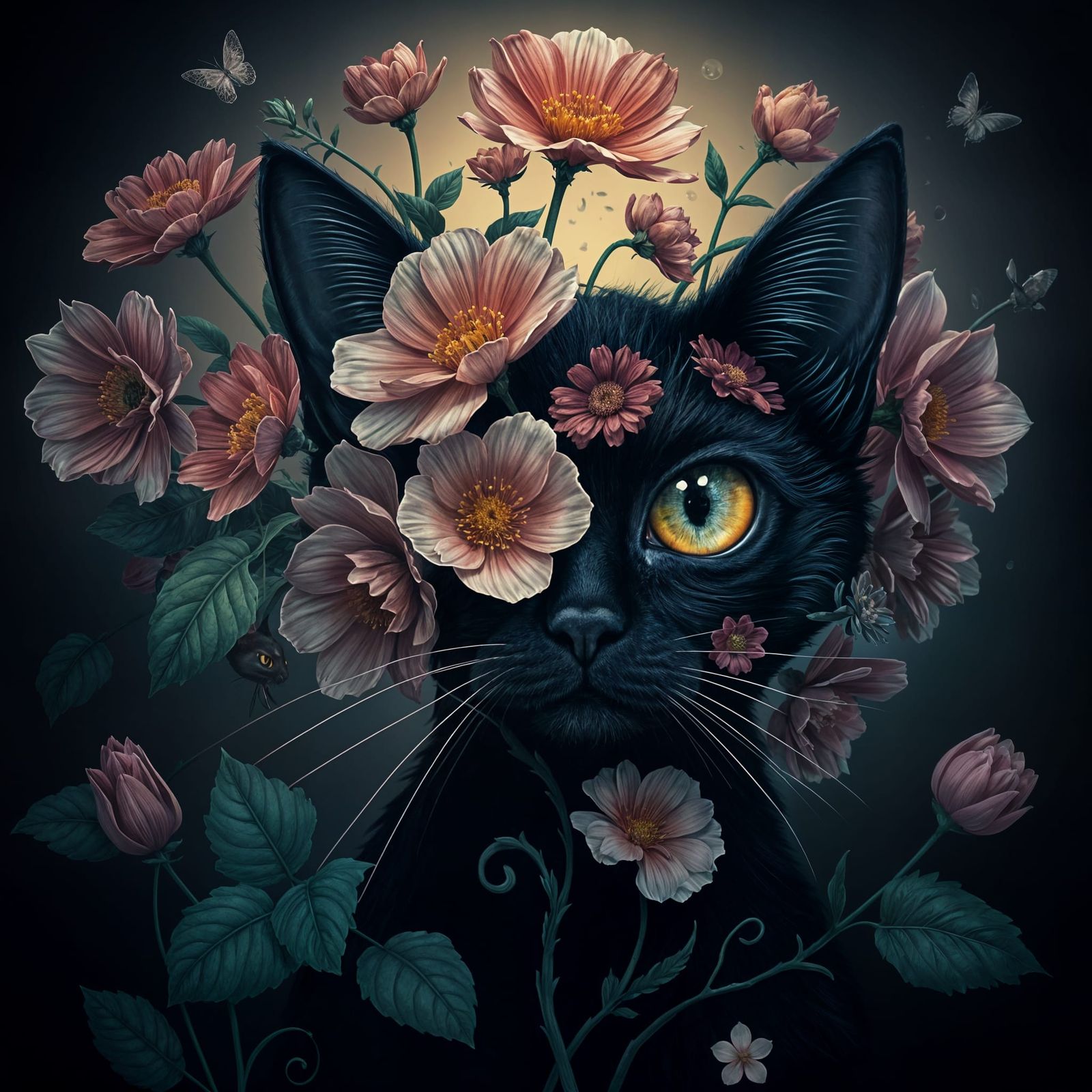 Surreal Black Cat in Fantastical Flora