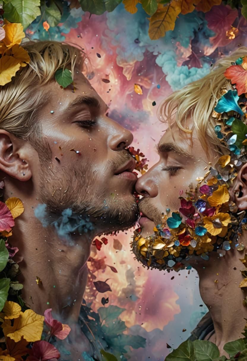 Hyperreal Kiss in a Bioluminescent Fantasy Garden