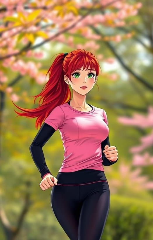 Pretty Japanese Runner in Tokyo Park, Manga Style
