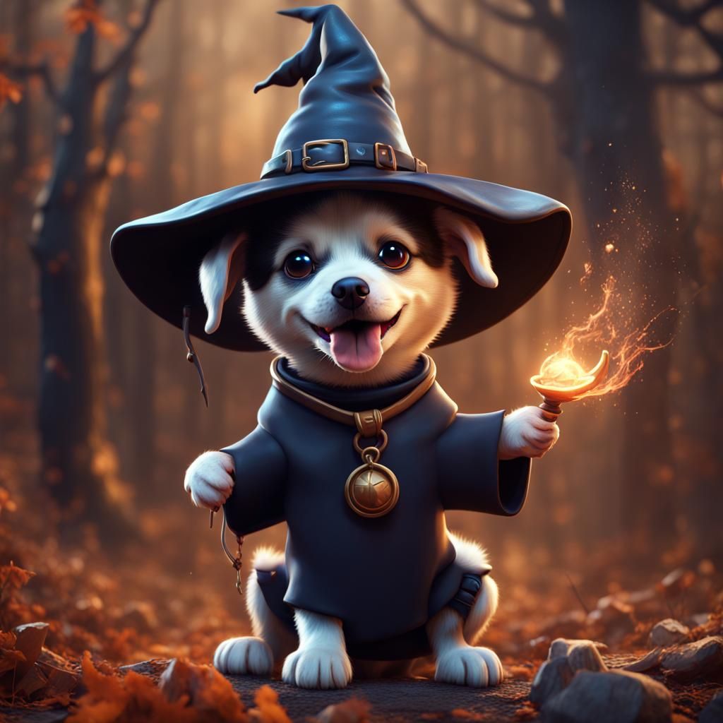 Whimsical Witch Puppy Casting a Spell