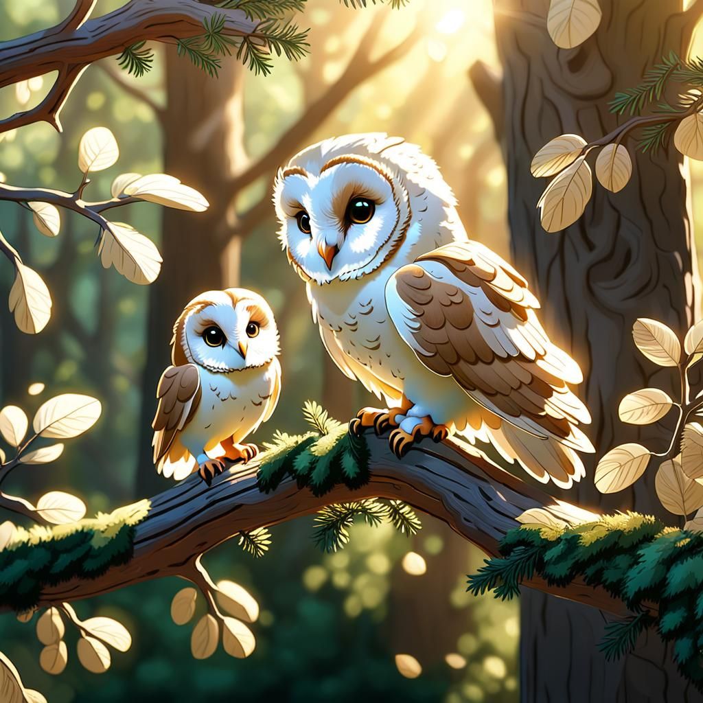 Cute Barn Owl in Whimsical Forest Scene