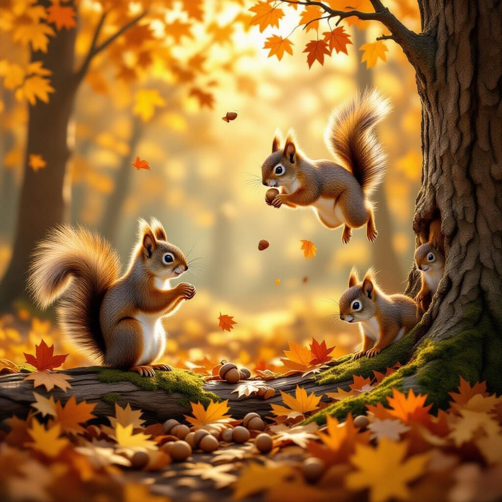 Playful Squirrels in Golden Autumn Forest Sunlight