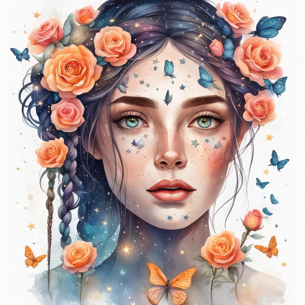 Magical Starry Night with Woman, Roses and Butterflies