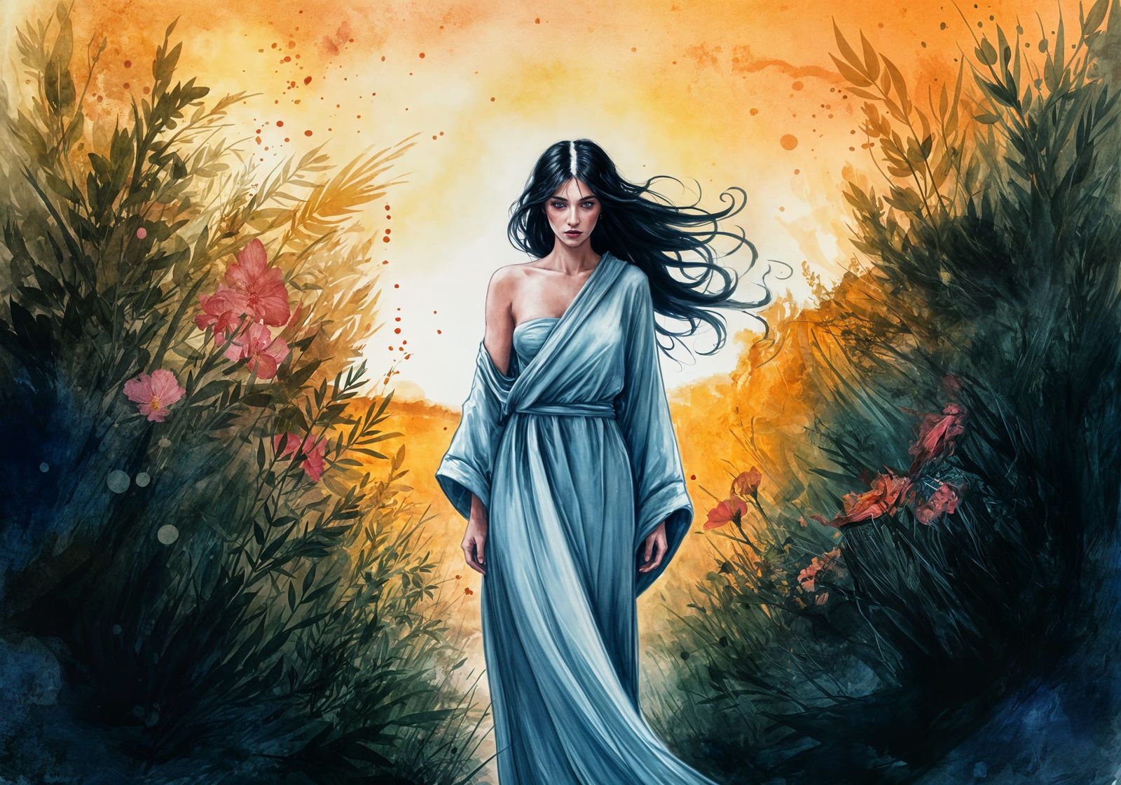 Mysterious Sorceress in Dusk Mediterranean Landscape