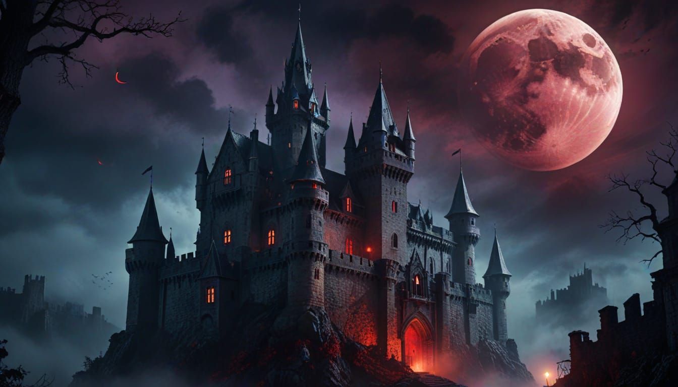 Gothic Castle of Countess Dracula Under Blood Moon