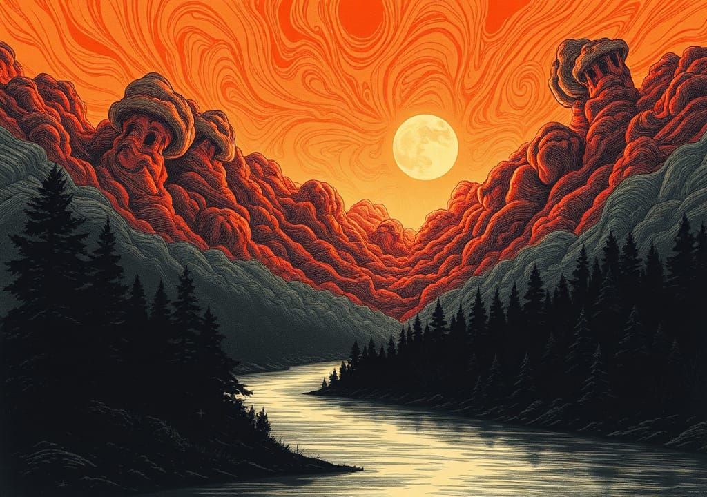 Fiery Horizon in Dreamlike Landscape Lithograph