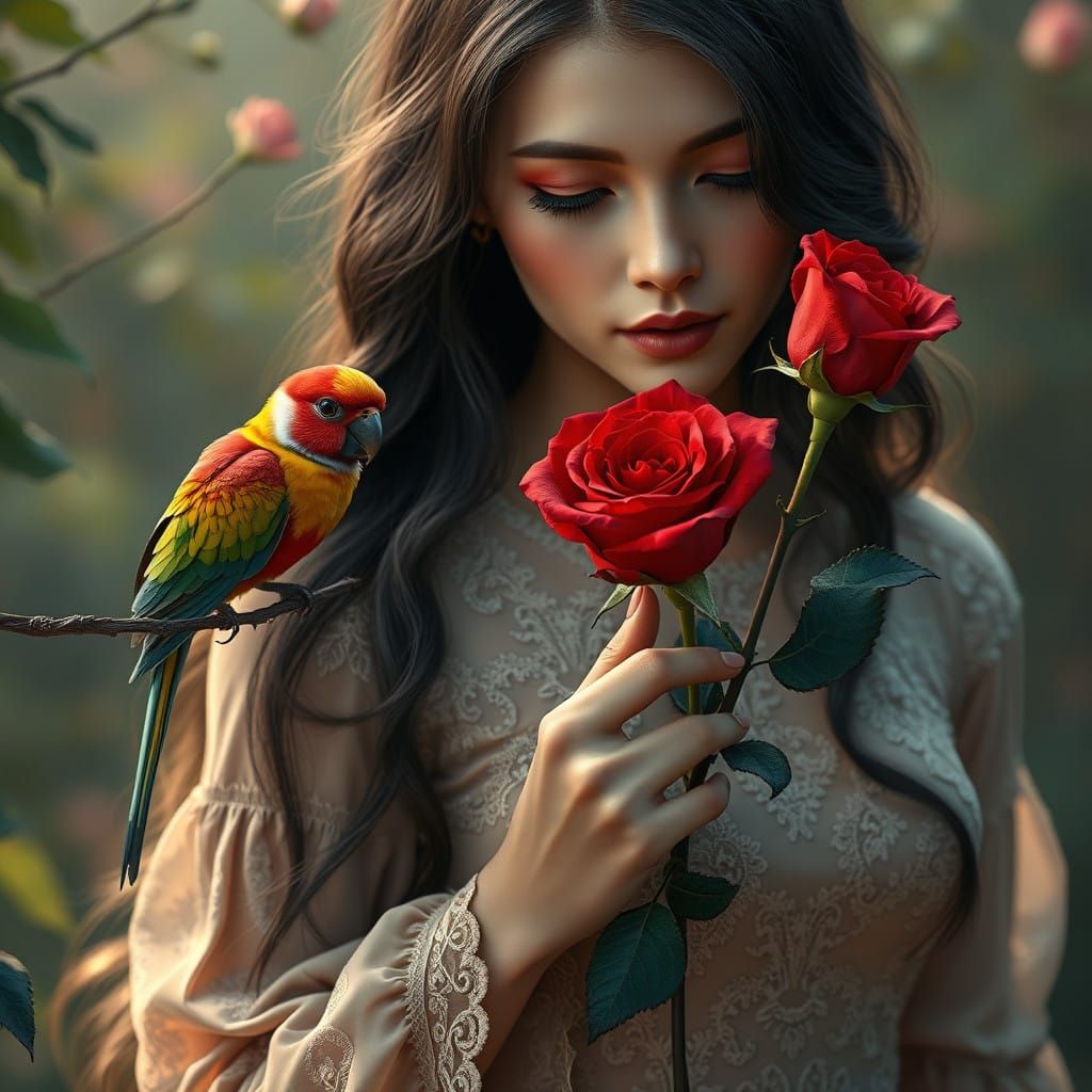 Elegant Woman in Enchanted Garden, Holding a Vibrant Red Ros...
