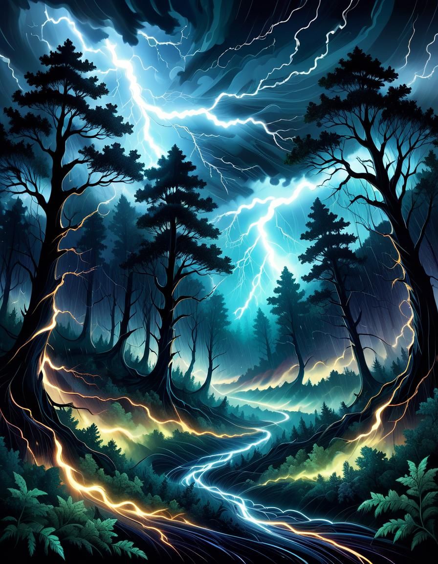 Dramatic Stormy Forest Landscape with Lightning