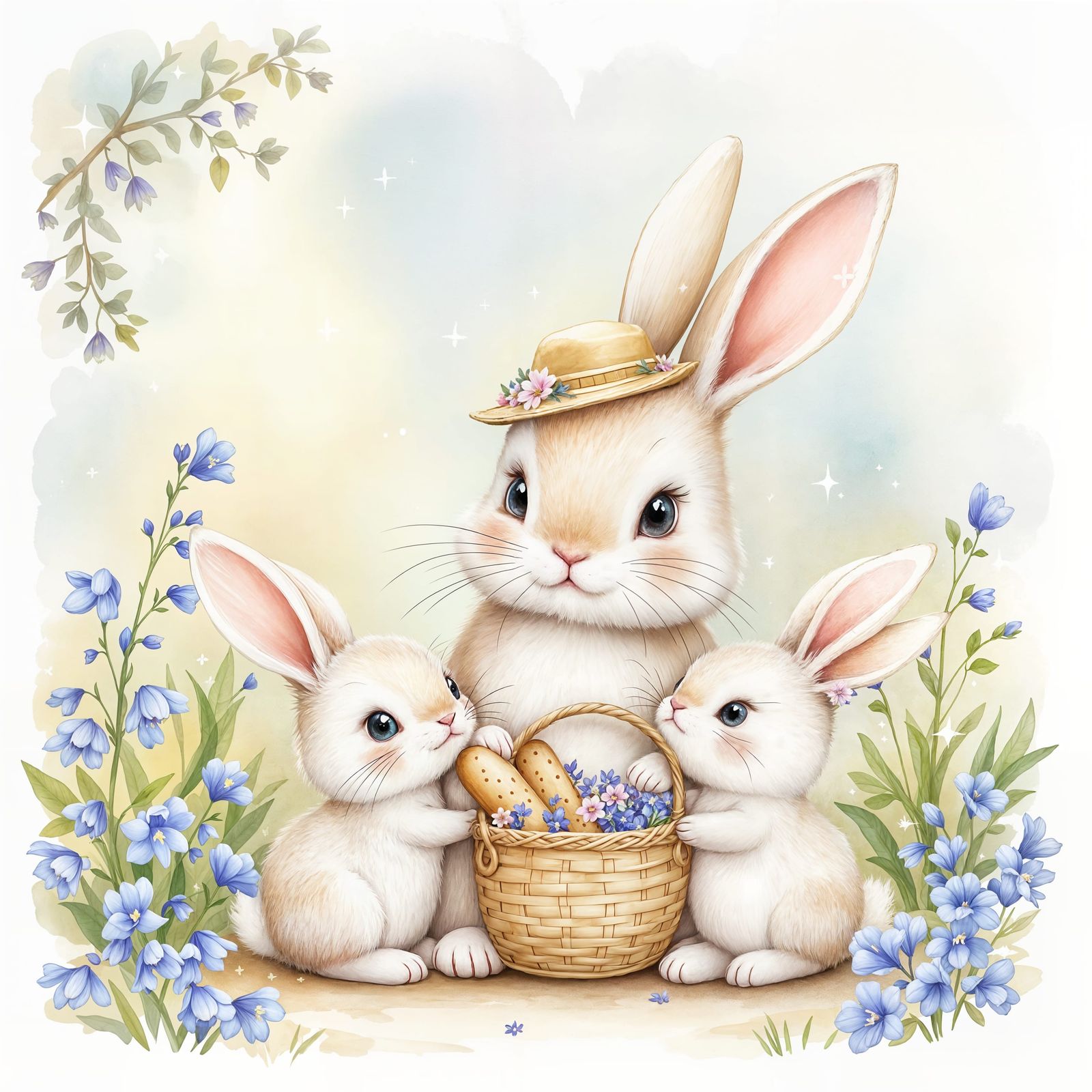 Whimsical Watercolor Bunnies in a Bluebell Meadow