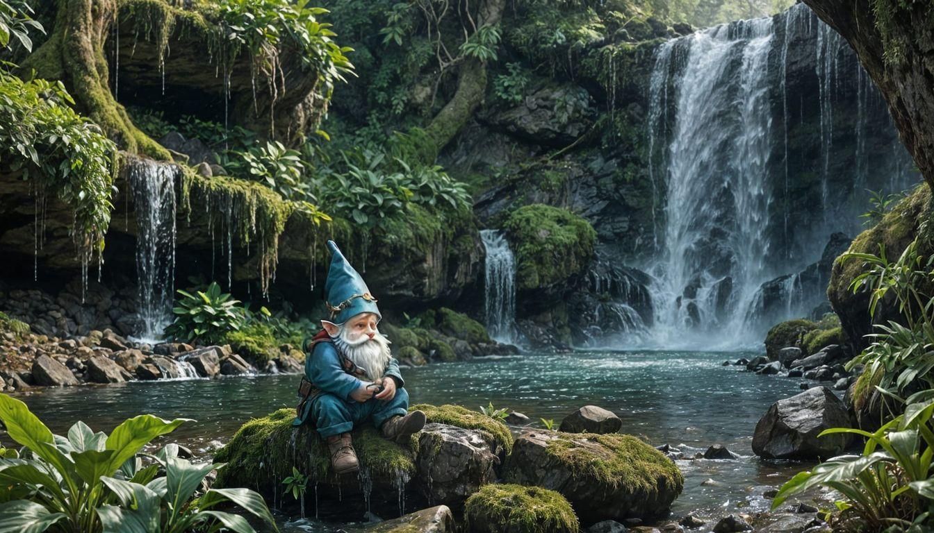 Gnome Gazing at Waterfall in Serene Wilderness