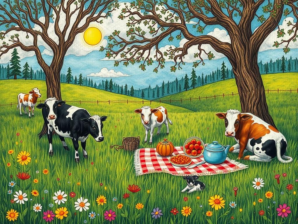 Cows Picnic in Meadow, Art Brut Illustration