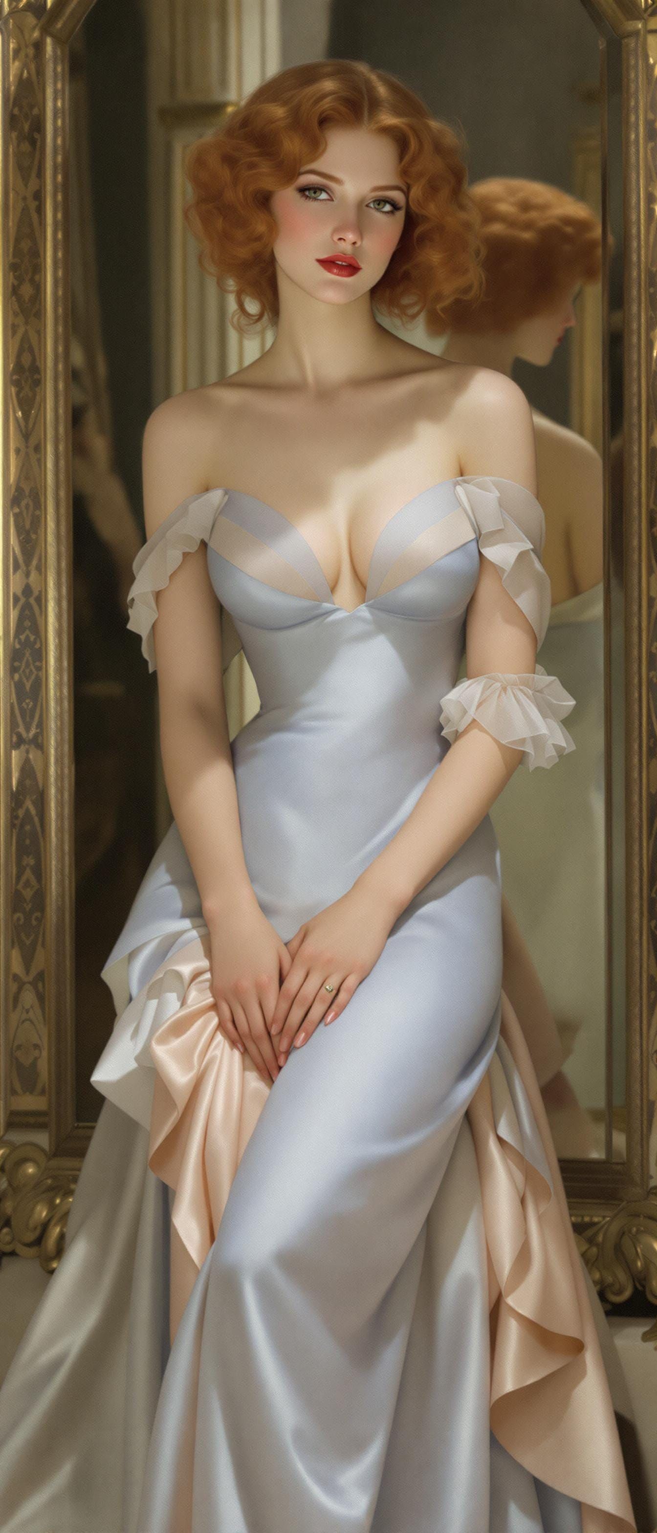 Glamorous Redhead in 1930s Evening Gown, Dreamy Vignette