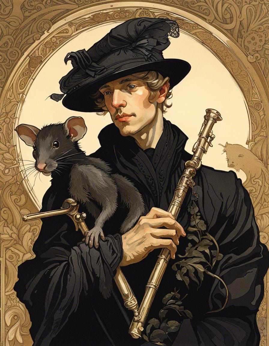 Medieval Flutist with Rat, Art Nouveau Illustration