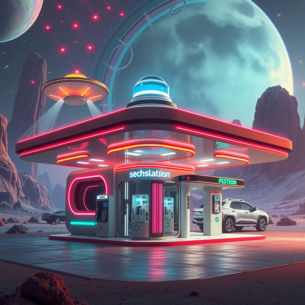 Retro-Futuristic Alien Gas Station in Sci-Fi Style