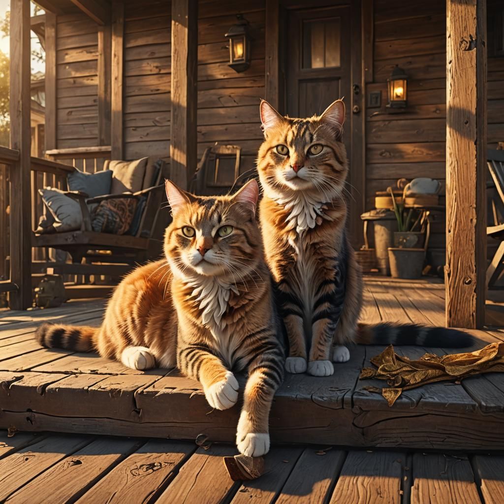 Golden Hour: Cats Lounging on a Warm Porch
