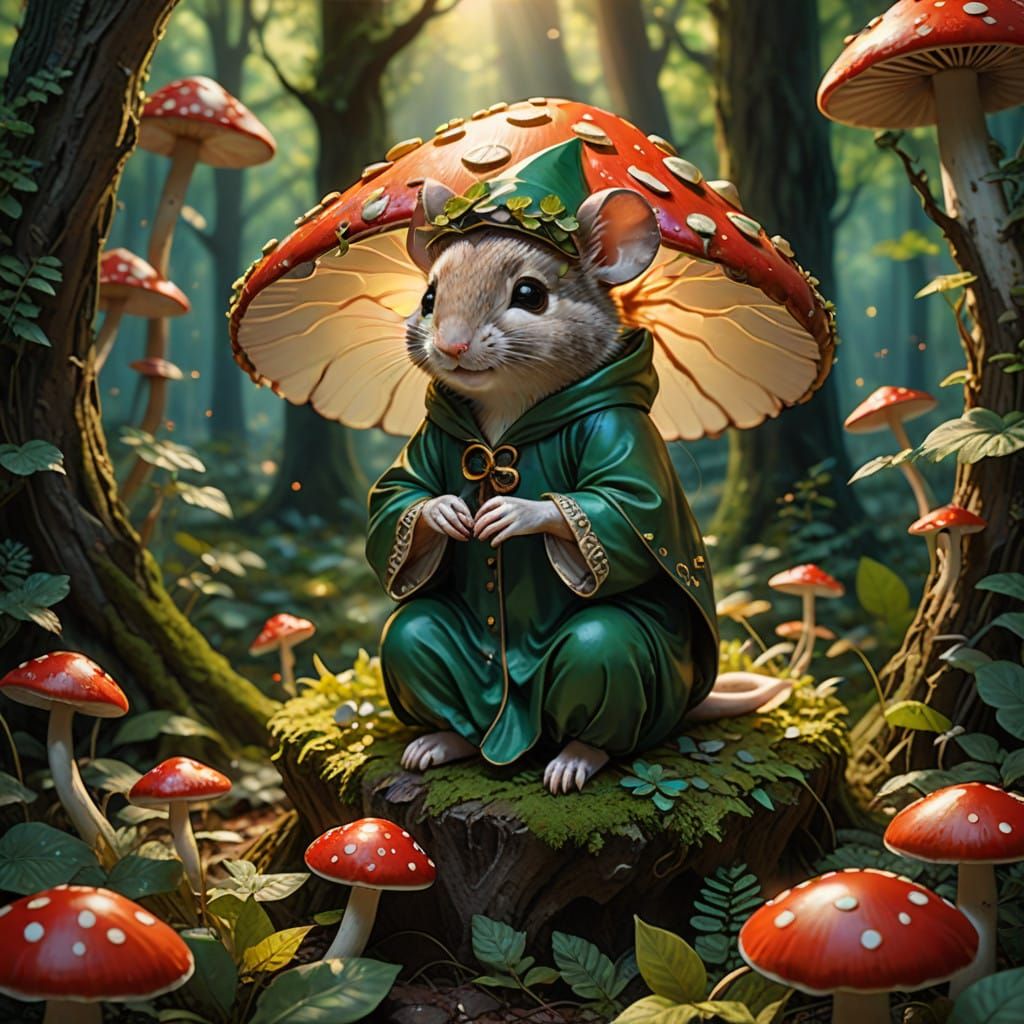 Whimsical Mouse Fairy in a Vibrant Red Mushroom Realm