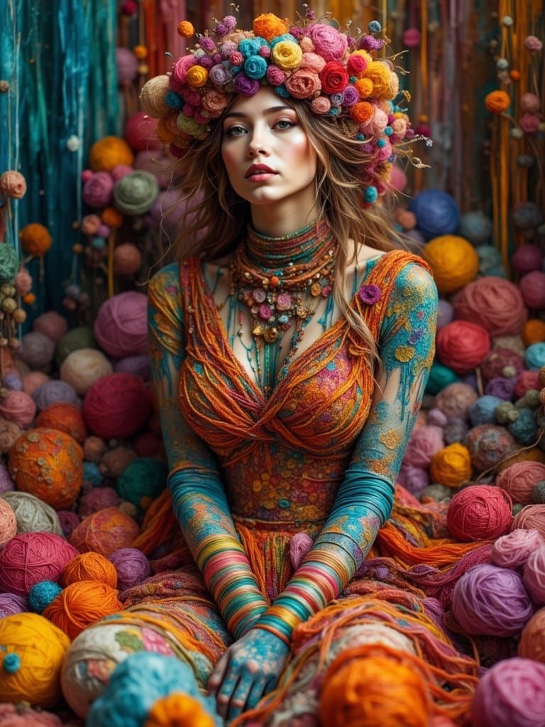 Woman Weaving Yarn in Dreamlike Digital Art
