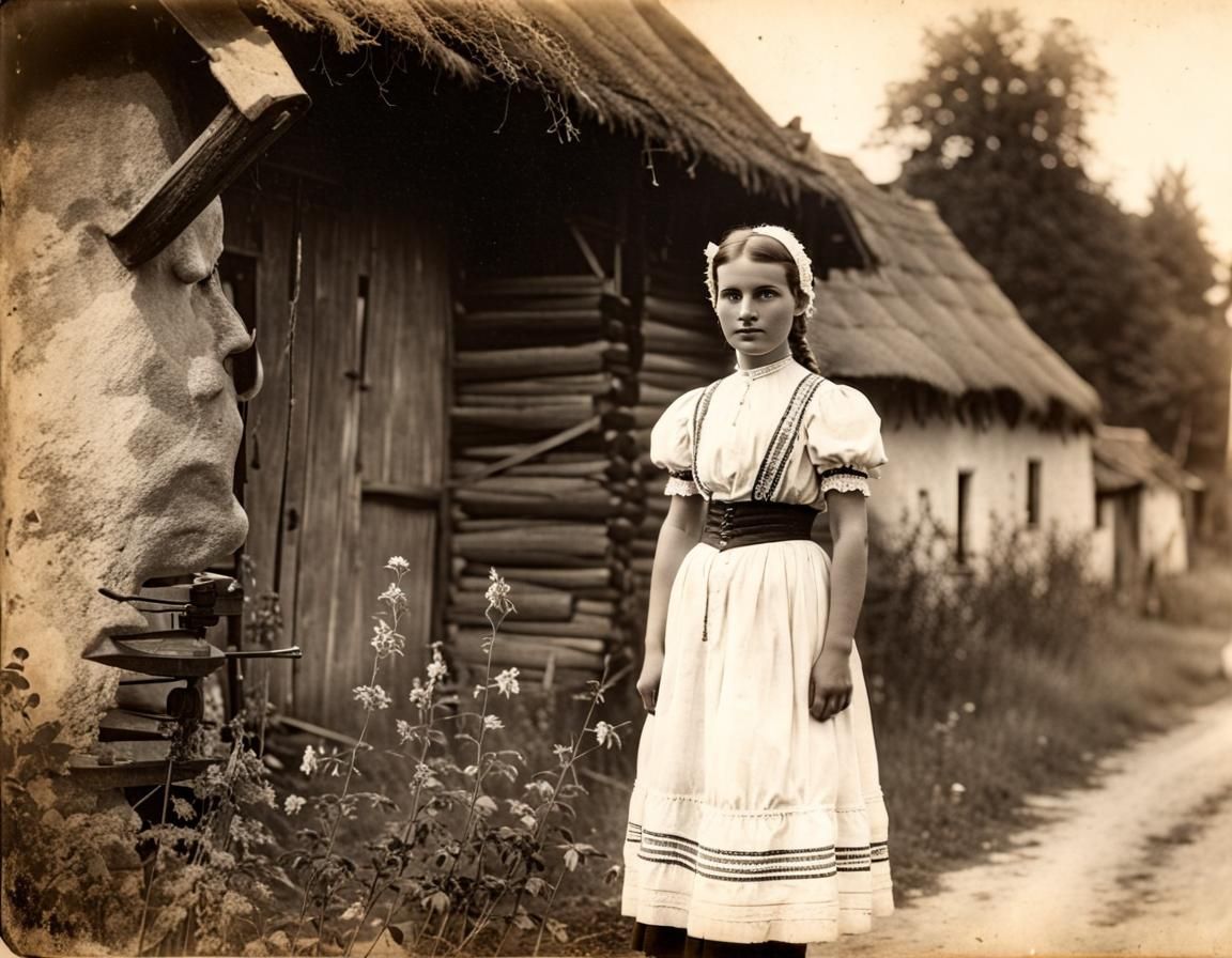 Hungarian Village Girl Portrait, 1900s Black and White Photo