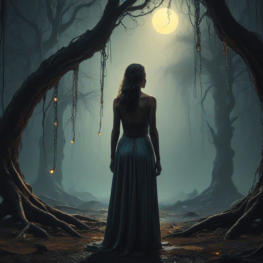 A Young Woman Emancipated in a Dark, Mystical Forest Scene