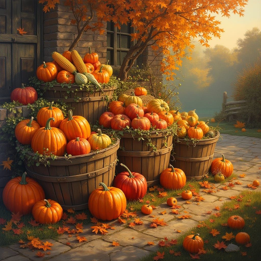Abundant Fall Harvest in Golden Hour Oil Painting