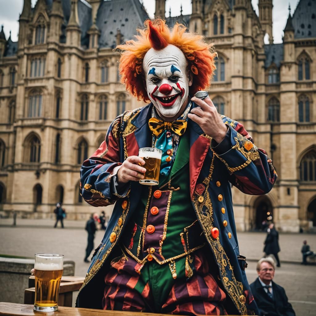 Clown Drinks Beer at Parliament: Professional Photography