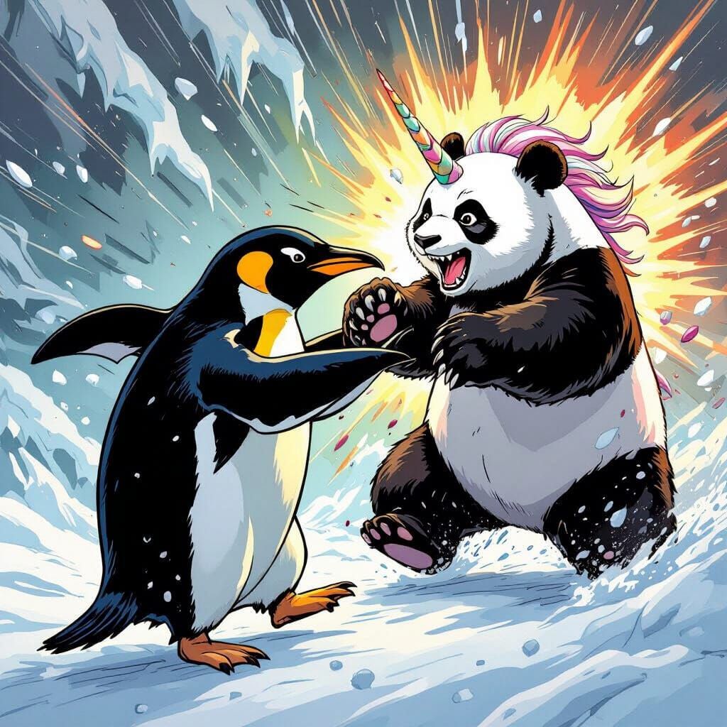 Penguin Dragon Attacks Unicorn Panda in Comic Style